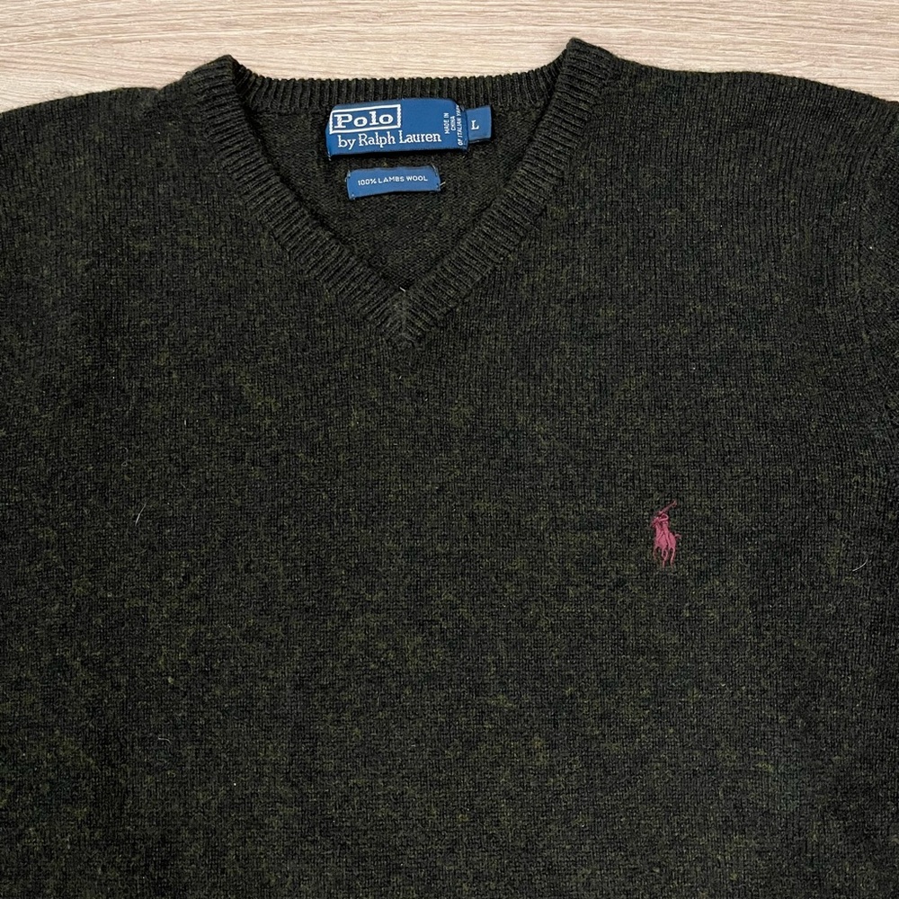 Polo by Ralph Lauren V-Neck Sweater, Men’s L, Wool, Mixed Dark Green/Navy/Olive